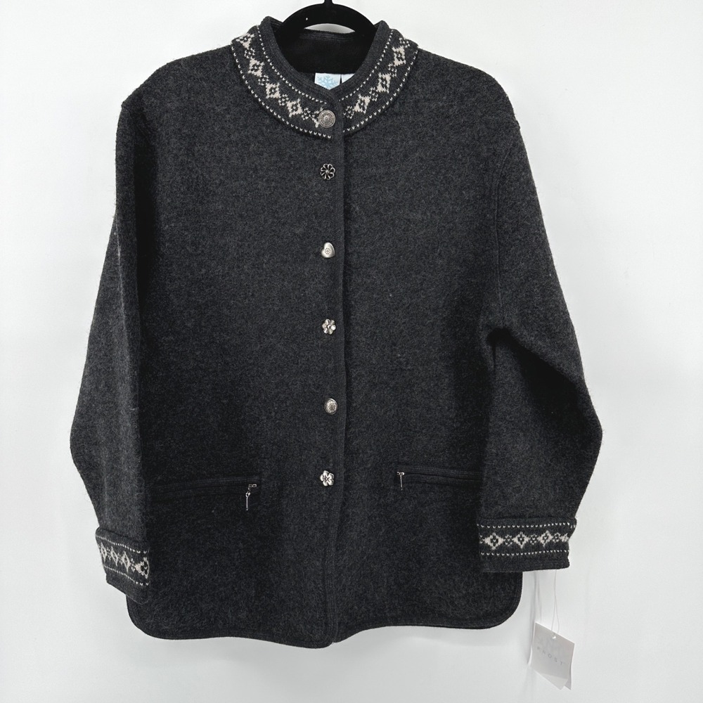 FROST Womens 100% Wool Cardigan Jacket Charcoal Grey Nordic Novelty Button Med